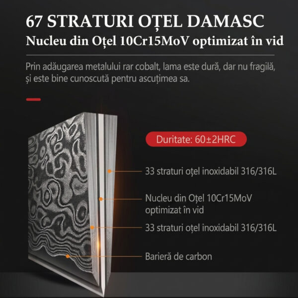 nucleu Cutitul Bucatarului Decatails Chef 8 Inch Profesional, Otel Damasc 67 Straturi, Maner din Lemn Pakka Japonez