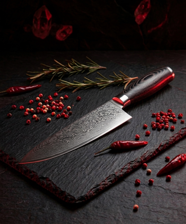 board Cutitul Bucatarului Decatails Chef 8 Inch Profesional, Otel Damasc 67 Straturi, Maner din Lemn Pakka Japonez