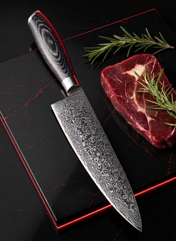 board Cutitul Bucatarului Decatails Chef 8 Inch Profesional, Otel Damasc 67 Straturi, Maner din Lemn Pakka Japonez