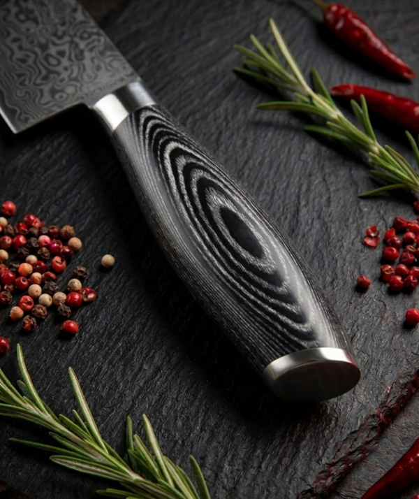 wood Cutitul Bucatarului Decatails Chef 8 Inch Profesional, Otel Damasc 67 Straturi, Maner din Lemn Pakka Japonez