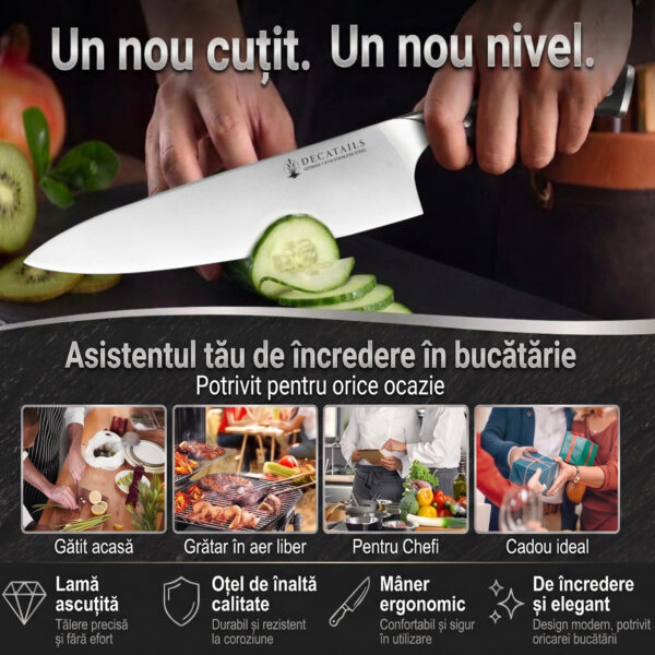 Cutit Profesional Chef Decatails™ Lama 21 cm, Otel German Premium 1.4116, 56–58 HRC, Maner Lemn Natural Abanos, Ascutire Manuala 15°