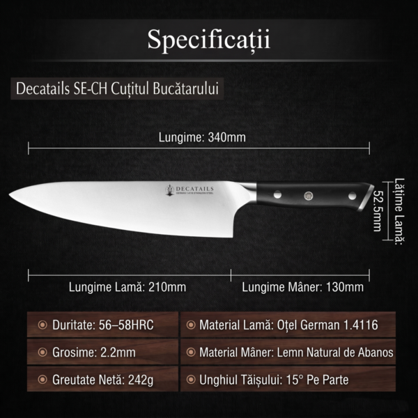 Cutit Profesional Chef Decatails™ Lama 21 cm, Otel German Premium 1.4116, 56–58 HRC, Maner Lemn Natural Abanos, Ascutire Manuala 15°