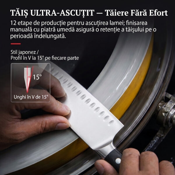 Cutit Santoku Profesional Decatails, Otel German 1.4116 Premium, 56–58 HRC, Maner Lemn Natural Abanos, Ascutire Manuala 15°