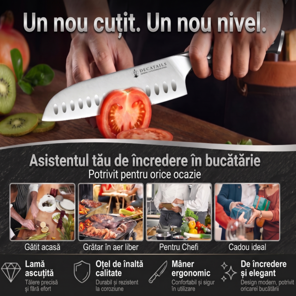 Cutit Santoku Profesional Decatails, Otel German 1.4116 Premium, 56–58 HRC, Maner Lemn Natural Abanos, Ascutire Manuala 15°