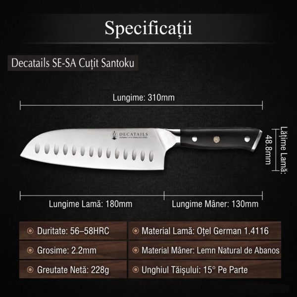 Cutit Santoku Profesional Decatails, Otel German 1.4116 Premium, 56–58 HRC, Maner Lemn Natural Abanos, Ascutire Manuala 15°