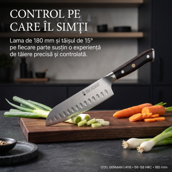 Cutit Santoku Profesional Decatails, Otel German 1.4116 Premium, 56–58 HRC, Maner Lemn Natural Abanos, Ascutire Manuala 15°