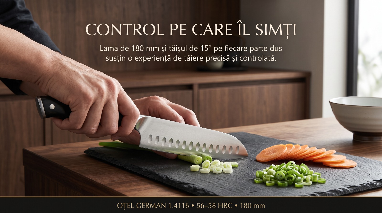 Confort ergonomic si taiere impecabila - Cutit Santoku Decatails