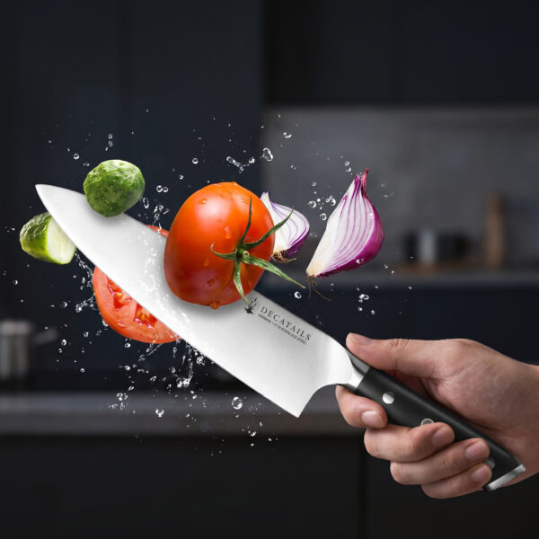 Cutit Profesional Chef Decatails™ Lama 21 cm, Otel German Premium 1.4116, 56–58 HRC, Maner Lemn Natural Abanos, Ascutire Manuala 15°